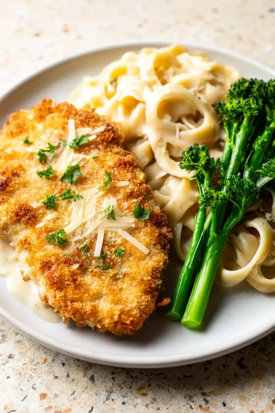 Golden parmesan crusted chicken with creamy fettuccine alfredo and steamed broccolini on a white plate
