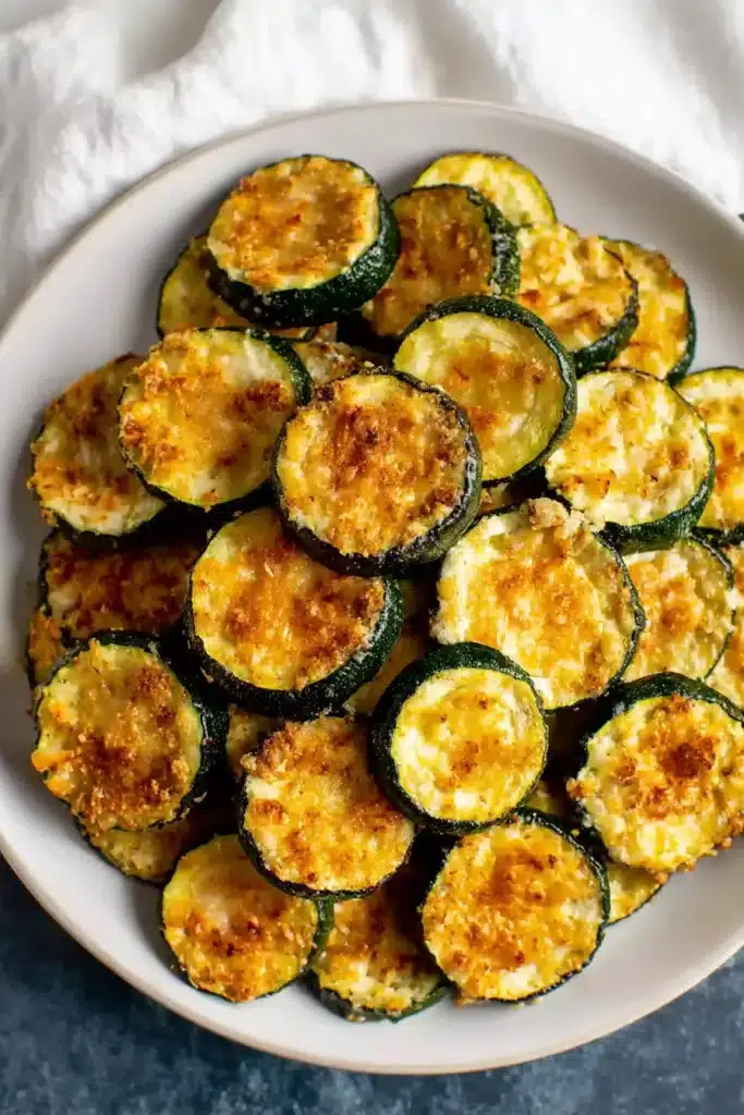 Plated baked parmesan zucchini rounds with golden crispy tops and vibrant green edges on a white dish

