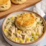 Crock Pot Chicken Pot Pie – Easy, Creamy & Family-Friendly Comfort Food 9 Creamy crock pot chicken pot pie filling topped with a golden biscuit in a rustic bowl on a cozy kitchen table.