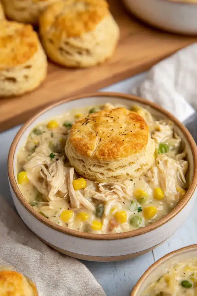Creamy crock pot chicken pot pie filling topped with a golden biscuit in a rustic bowl on a cozy kitchen table.