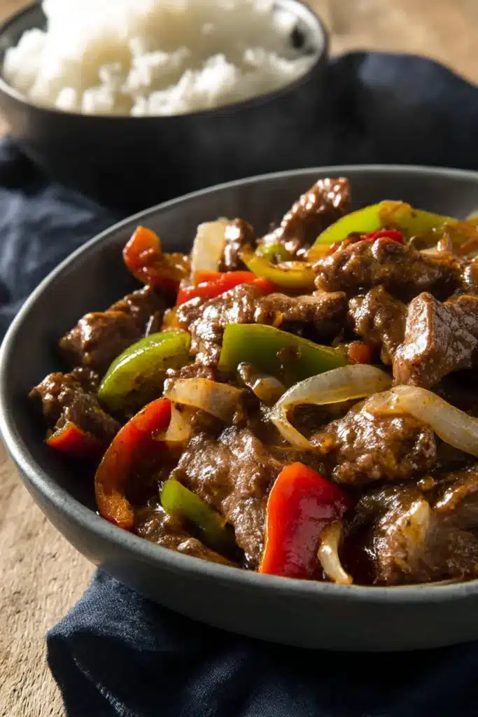 Crockpot Pepper Steak – Easy, Flavorful Slow Cooker Favorite 8 Juicy pepper steak with bell peppers and onions in savory sauce, served with white rice in a rustic bowl