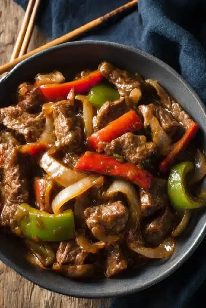 Crockpot pepper steak with bell peppers and onions in a savory brown sauce, served in a rustic bowl