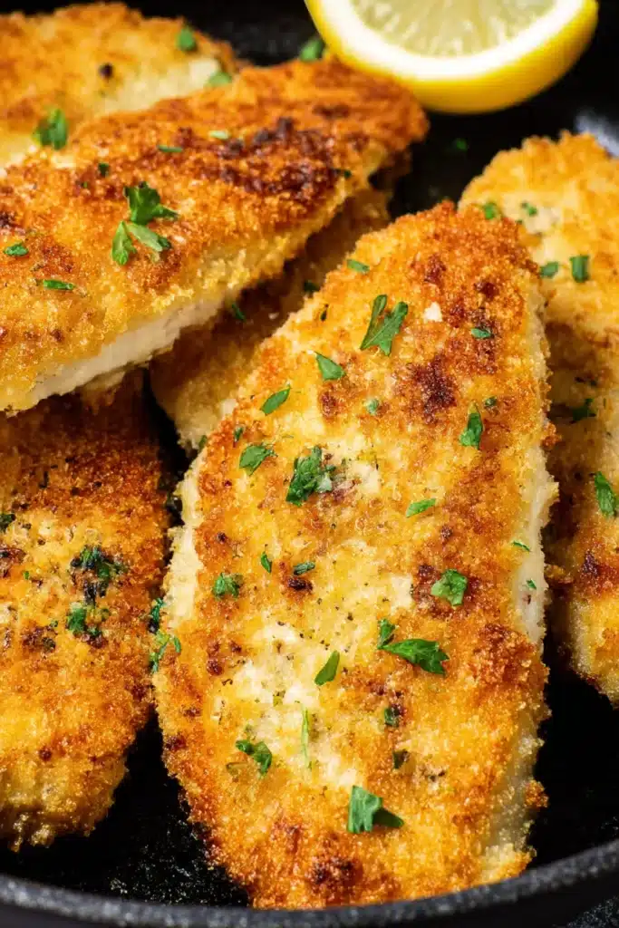 Parmesan Crusted Chicken – Crispy, Juicy, and Ready Fast 8 Close-up of crispy parmesan chicken cutlets with golden panko crust and lemon wedge
