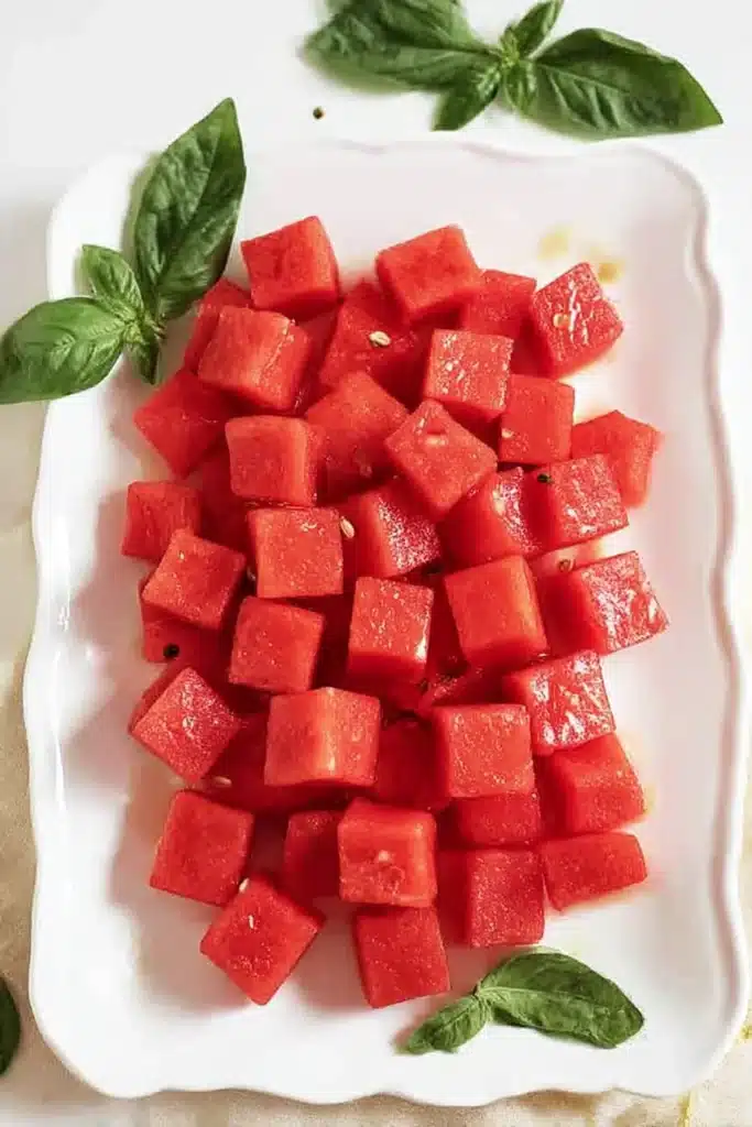 Glossy watermelon cubes with seeds on a scalloped white platter, styled with fresh basil on a beige linen surface.

