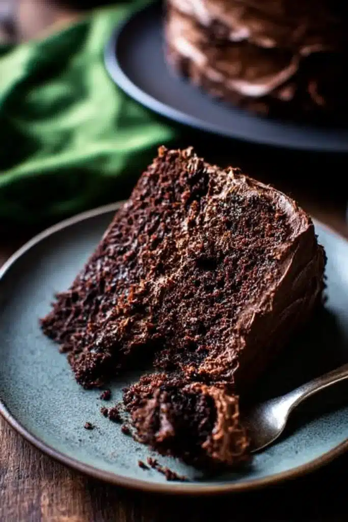 Chocolate Zucchini Cake: Moist, Rich & Easy to Bake 10 Half-eaten slice of moist chocolate zucchini cake with rich chocolate frosting and a fork on a gray plate, set on a rustic wooden table.