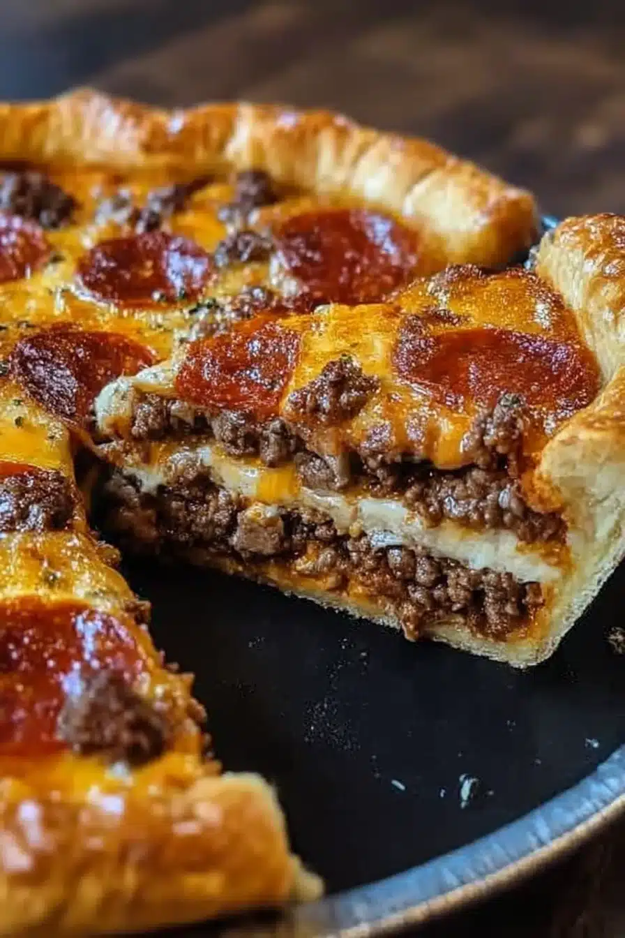 Deep-dish hamburger sausage and pepperoni pie with melted cheese and golden crust, served fresh with crispy edges