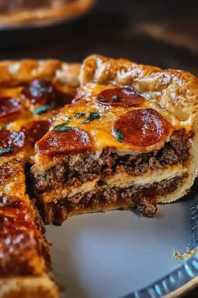 Deep Hamburger Sausage & Pepperoni Pie: Meaty, Cheesy Dinner Perfection 4 Cross-section of Deep Hamburger Sausage & Pepperoni Pie showing melted cheese, layers of meat, and golden crust.