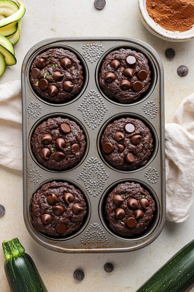 Moist chocolate zucchini muffins with chocolate chips in a rustic muffin pan, styled with zucchini ribbons and cocoa powder on a cozy kitchen backdrop.