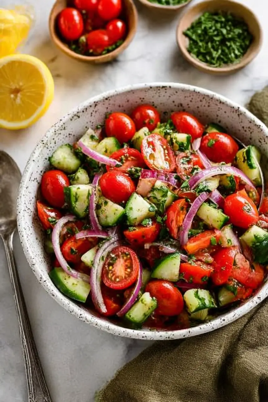 Fresh cucumber tomato salad in a white ceramic bowl with red onions, grape tomatoes, parsley, and lemon on a stone background