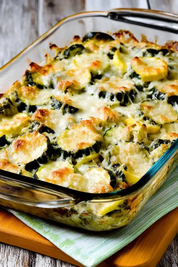 Golden-browned Easy Cheesy Zucchini Bake in a glass dish with bubbling cheese and layered zucchini slices.
