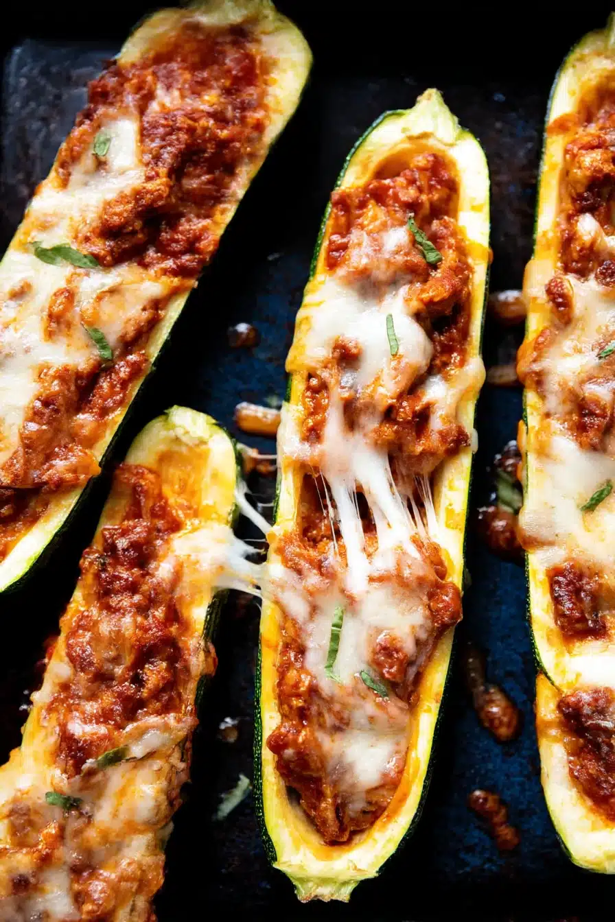 Melted cheese and ground beef stuffed zucchini boats on a rustic baking tray with herbs and golden edges
