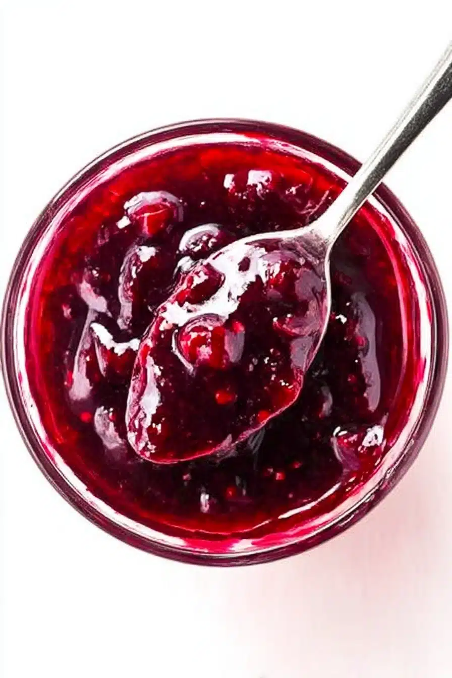 Thick homemade cherry syrup in a glass bowl with spoon – glossy, rich texture with real cherry chunks, perfect for pancakes or desserts.