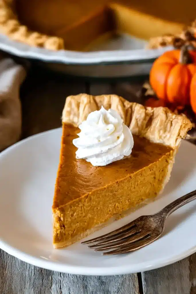 Easy Pumpkin Pie Recipe slice on a white plate with whipped cream and flaky golden crust, served on a rustic table