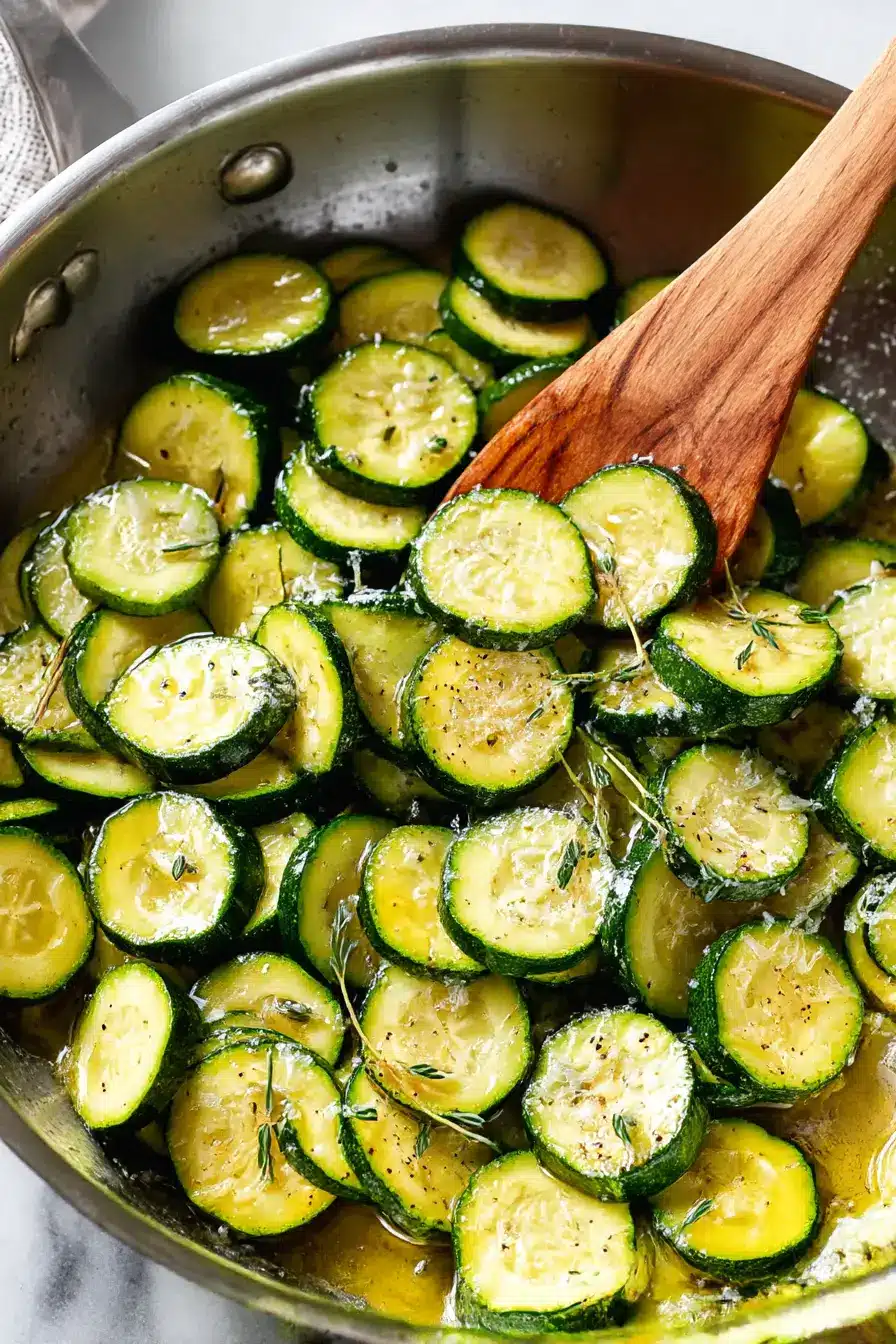 Easy sautéed zucchini cooked in a skillet with garlic, olive oil, and Parmesan, served warm and tender