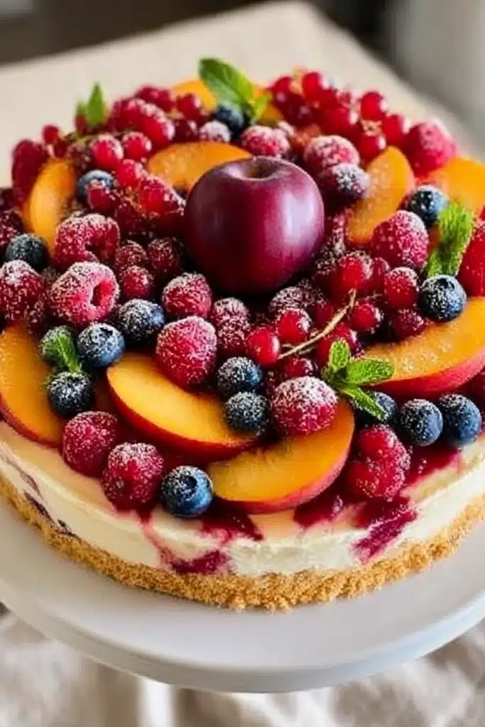 Summer Berry and Peach Cheesecake Recipe for Hot Days 4 Cheesecake topped with a whole plum, fresh peaches, raspberries, blueberries, and red currants with powdered sugar and mint garnish
