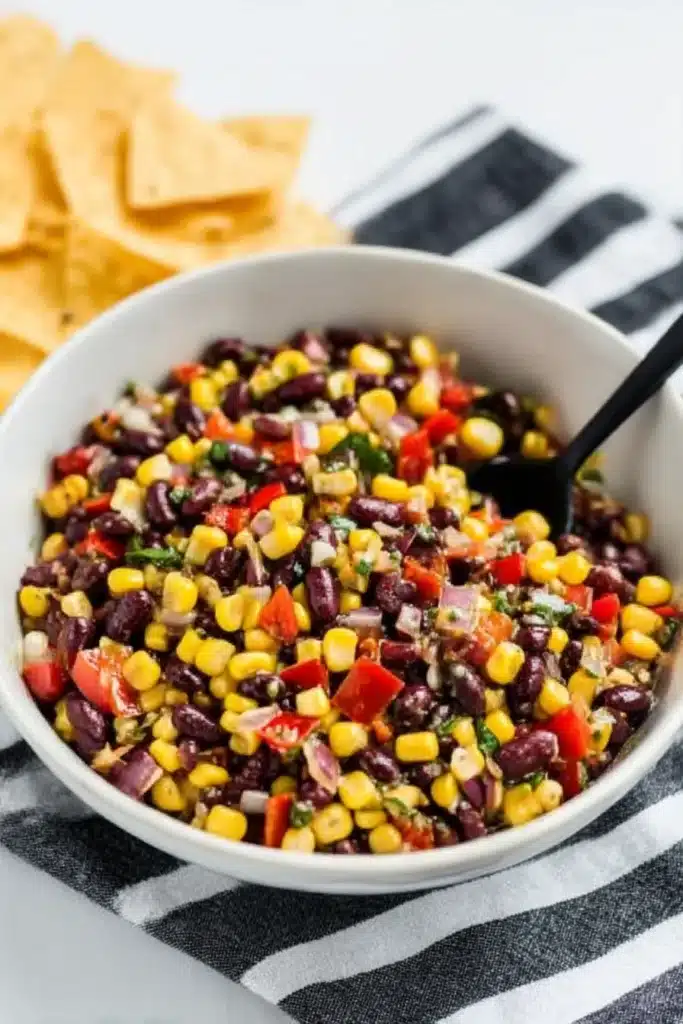 Black Bean Corn Salsa – Easy, Fresh & Flavor-Packed Dip or Side 11 Fully mixed black bean corn salsa in a white bowl with black spoon and tortilla chips in background