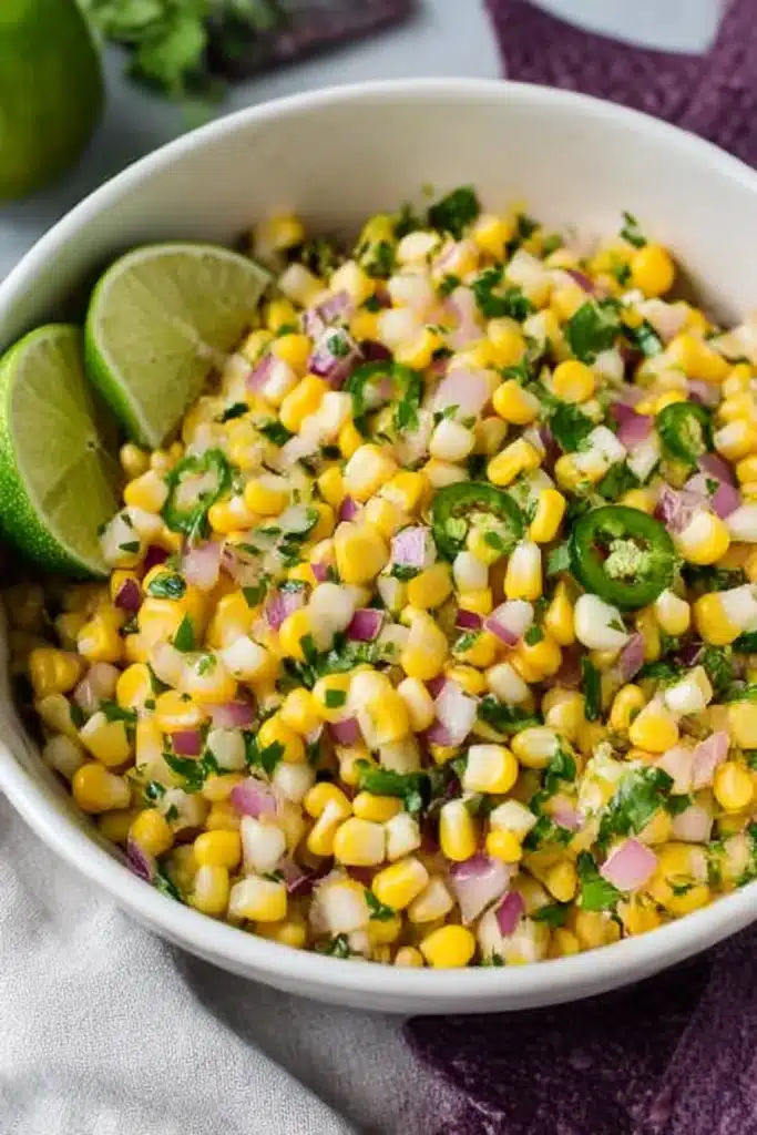 Copycat Chipotle Corn Salsa – Just Like the Real Thing! 8 Top view of homemade Chipotle-style corn salsa with red onion, cilantro, jalapeño, and lime in a white bowl
