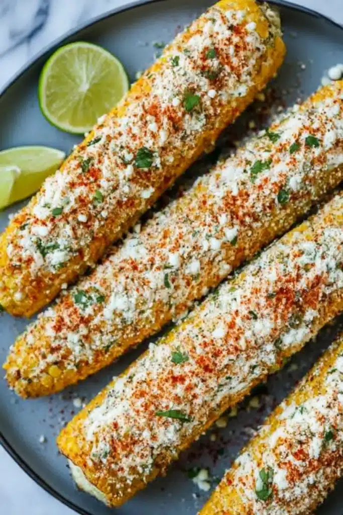 Mexican Street Corn Recipe – Bold, Creamy, and Perfect for Summer 6 Close-up of grilled Mexican street corn with chili powder, cheese, and lime on a blue plate