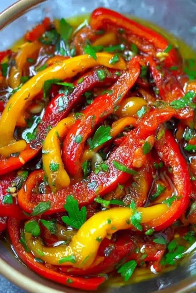 Marinated Roasted Bell Peppers – Easy Italian Summer Classic 5 Finished Marinated Roasted Bell Peppers with Garlic and Parsley