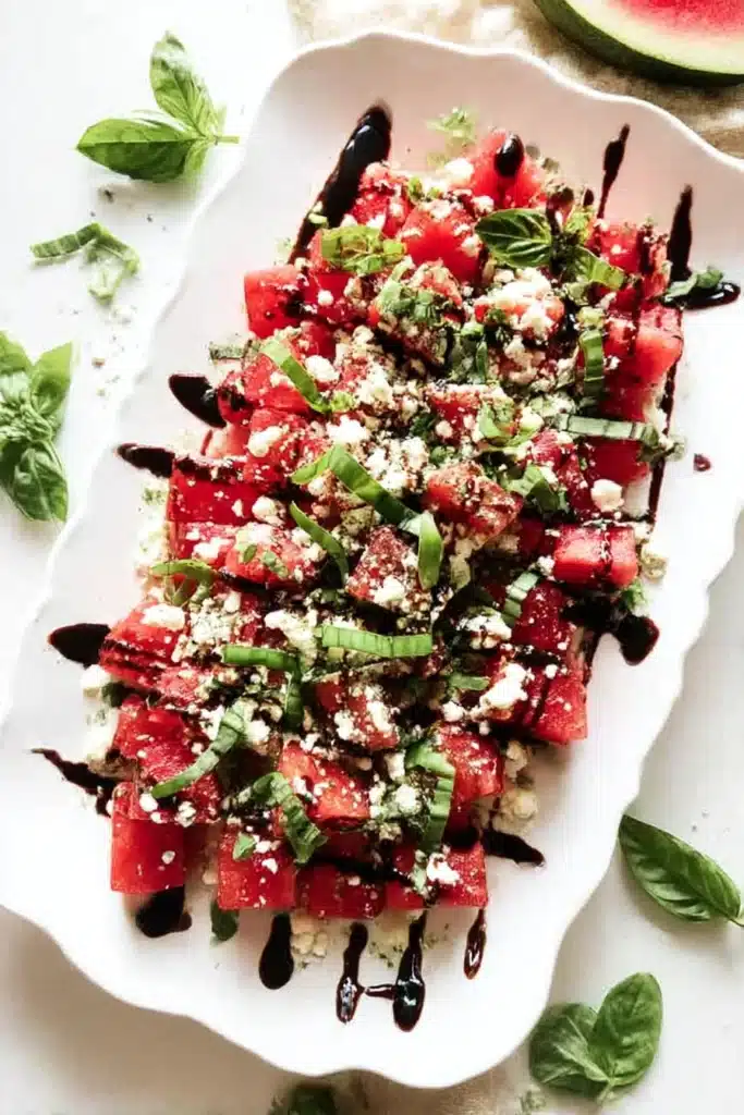 Fresh Watermelon Feta Salad – Light, Juicy, and Summer-Perfect 11 Fully assembled watermelon feta salad topped with balsamic glaze, basil, and feta on a white ceramic platter.