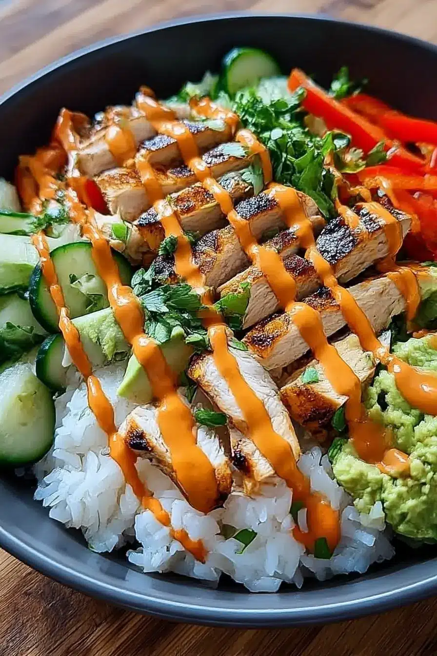 Bang Bang Chicken Bowl with grilled chicken, spicy mayo sauce, rice, and fresh vegetables in a black bowl