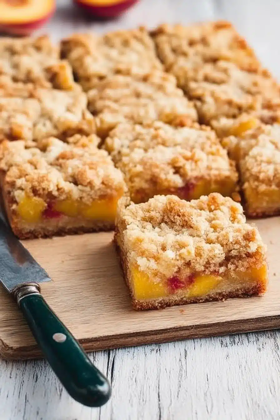 Golden peaches and cream crumble bars with a crisp buttery topping, served on a rustic board over a wooden table.