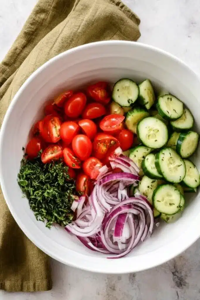 Cucumber Tomato Salad – Delicious & Zesty Summer Classic 5 Chopped cucumbers, grape tomatoes, red onions, and parsley in a white bowl ready for salad prep