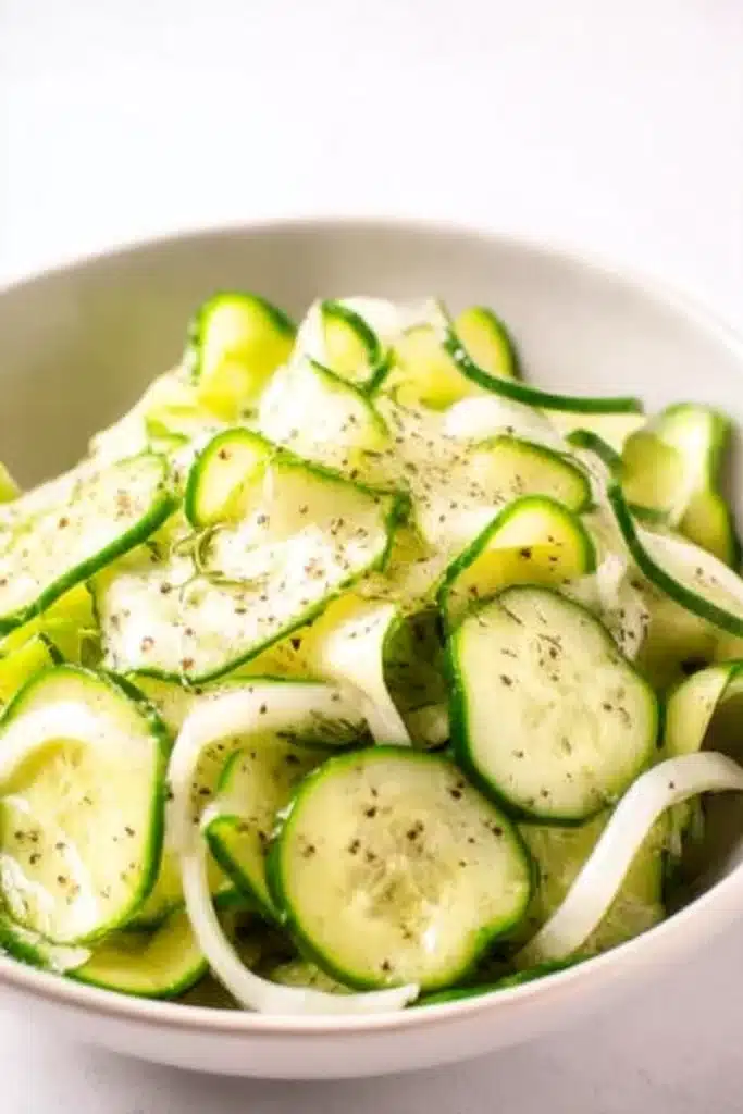 Thinly sliced cucumber vinegar salad with onions and dill in a white bowl, garnished with black pepper.