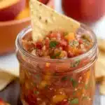 Easy Peach Salsa Recipe – Sweet, Spicy, and Bursting with Summer Flavor 12 Chunky peach salsa in a mason jar with a tortilla chip and fresh peaches in the background