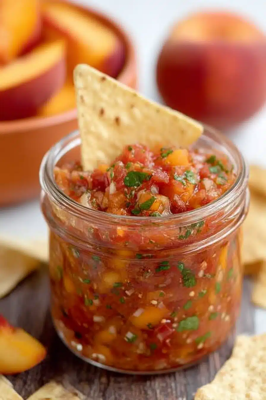 Chunky peach salsa in a mason jar with a tortilla chip and fresh peaches in the background