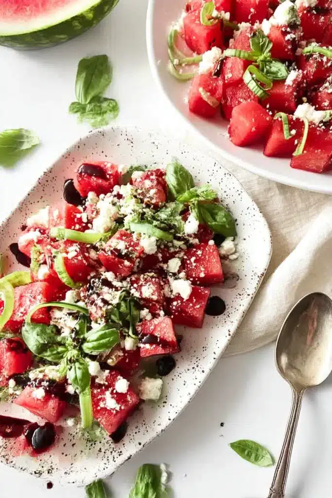 Fresh watermelon feta salad with basil, balsamic glaze, and feta crumbles on a ceramic plate, styled with leafy greens and vintage cutlery.