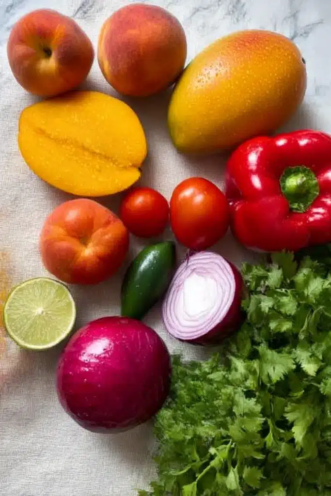 Fresh ingredients for peach mango salsa including peaches, mangoes, bell pepper, onion, lime, and cilantro on a light table

