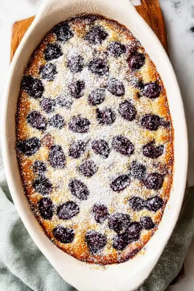 Cherry Clafoutis Recipe – Easy French Dessert with Juicy Cherries 11 Golden baked cherry clafoutis in a ceramic dish, dusted with powdered sugar.