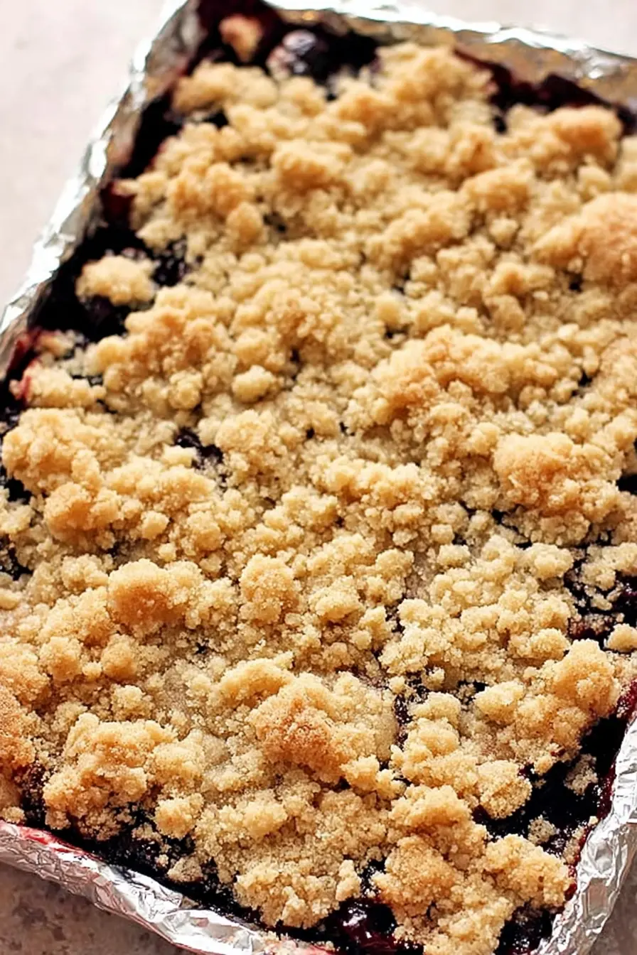 Freshly Baked Cherry Pie Crumb Bars in Foil-Lined Pan Uncut pan of cherry pie crumb bars with golden crumble topping and gooey cherry filling, baked in a foil-lined pan.