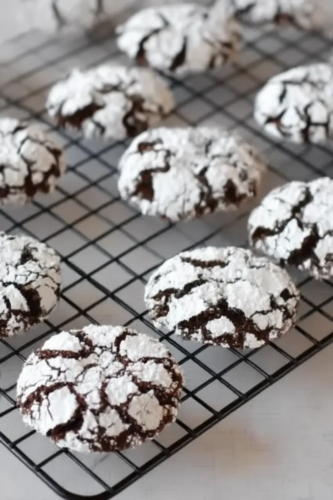 Chocolate Crinkle Cookies – Fudgy, Festive & Easy to Make 6 Chocolate crinkle cookies cooling on a wire rack with powdered sugar topping
