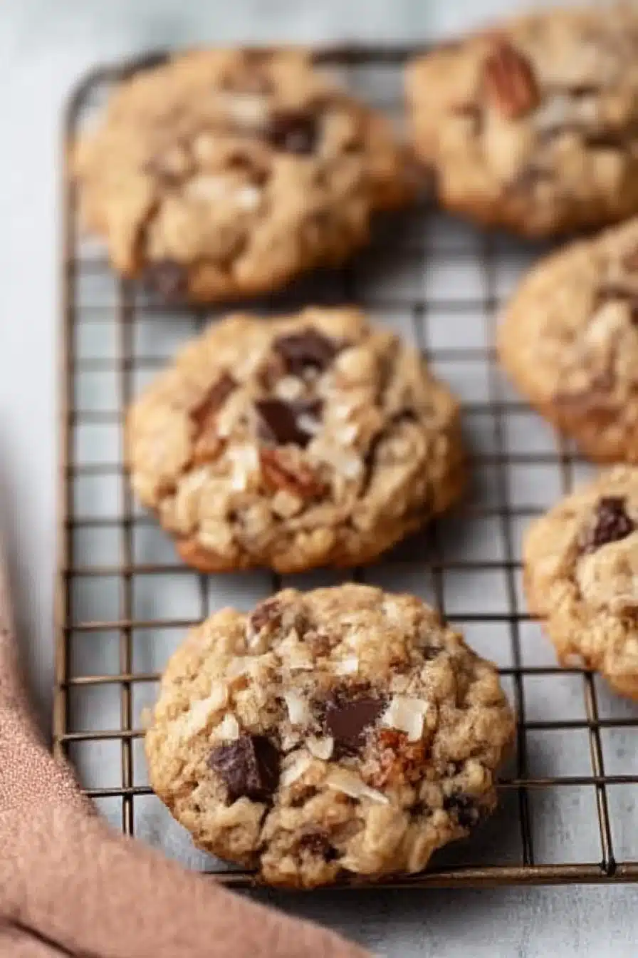 Chewy cowboy cookies with chocolate chunks, pecans, and coconut cooling on a wire rack.