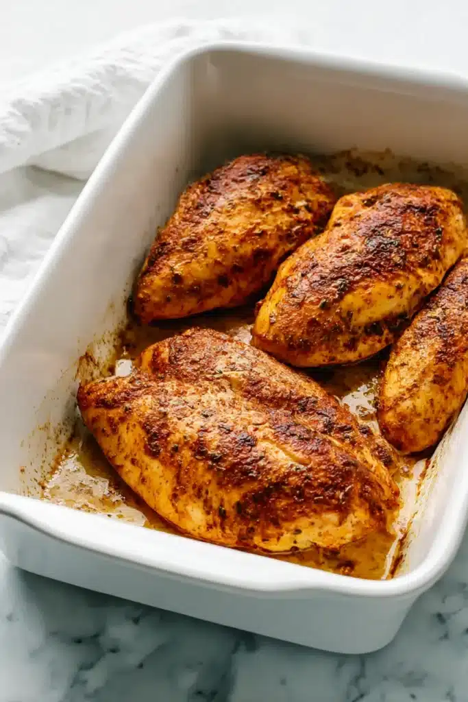 Baked Chicken Breasts – Juicy, Easy & Perfect Every Time 14 Juicy baked chicken breasts fresh from the oven in a white dish with golden seasoning crust.