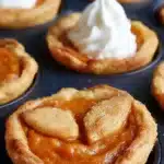 Mini Sweet Potato Pies: Delightful Bite-Sized Holiday Treats 5 Golden-brown mini sweet potato pies with flaky crust and whipped cream topping in a rustic muffin tin