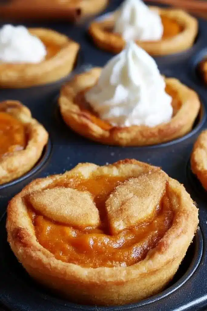 Golden-brown mini sweet potato pies with flaky crust and whipped cream topping in a rustic muffin tin