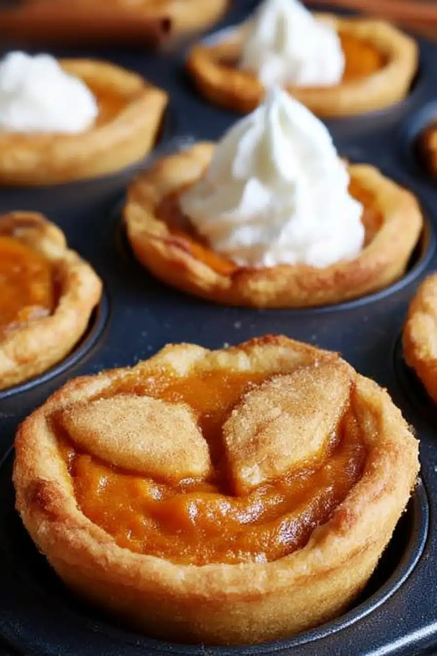 Golden-brown mini sweet potato pies with flaky crust and whipped cream topping in a rustic muffin tin