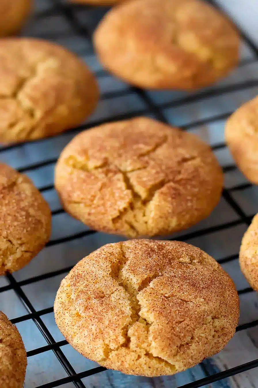 Soft pumpkin snickerdoodle cookies with cinnamon sugar coating on a cooling rack