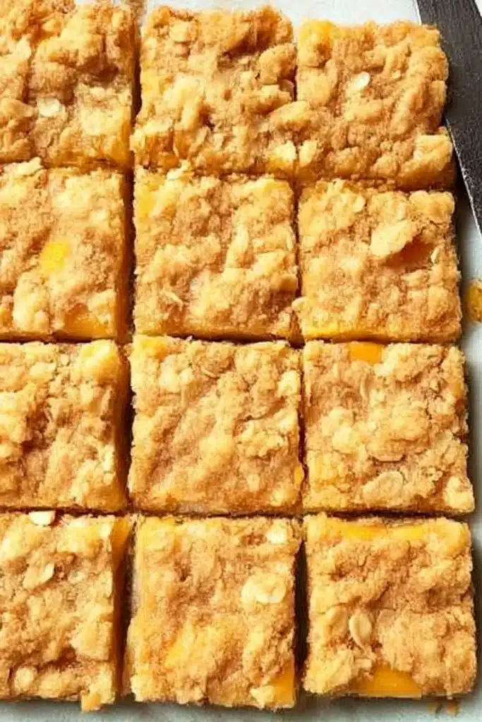 Sliced peach crumble bars with golden oat topping arranged in rows on a mint fabric surface with a rustic serving spatula

