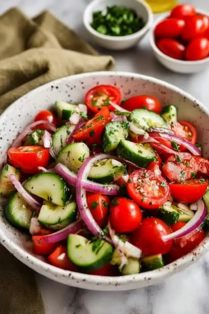 Cucumber Tomato Salad – Delicious & Zesty Summer Classic 6 Fully mixed cucumber tomato salad with onions and herbs in a rustic bowl