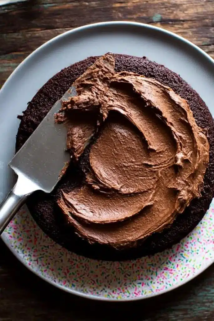 Overhead view of a single chocolate zucchini cake layer being frosted with thick chocolate buttercream using a spatula on a gray plate.
