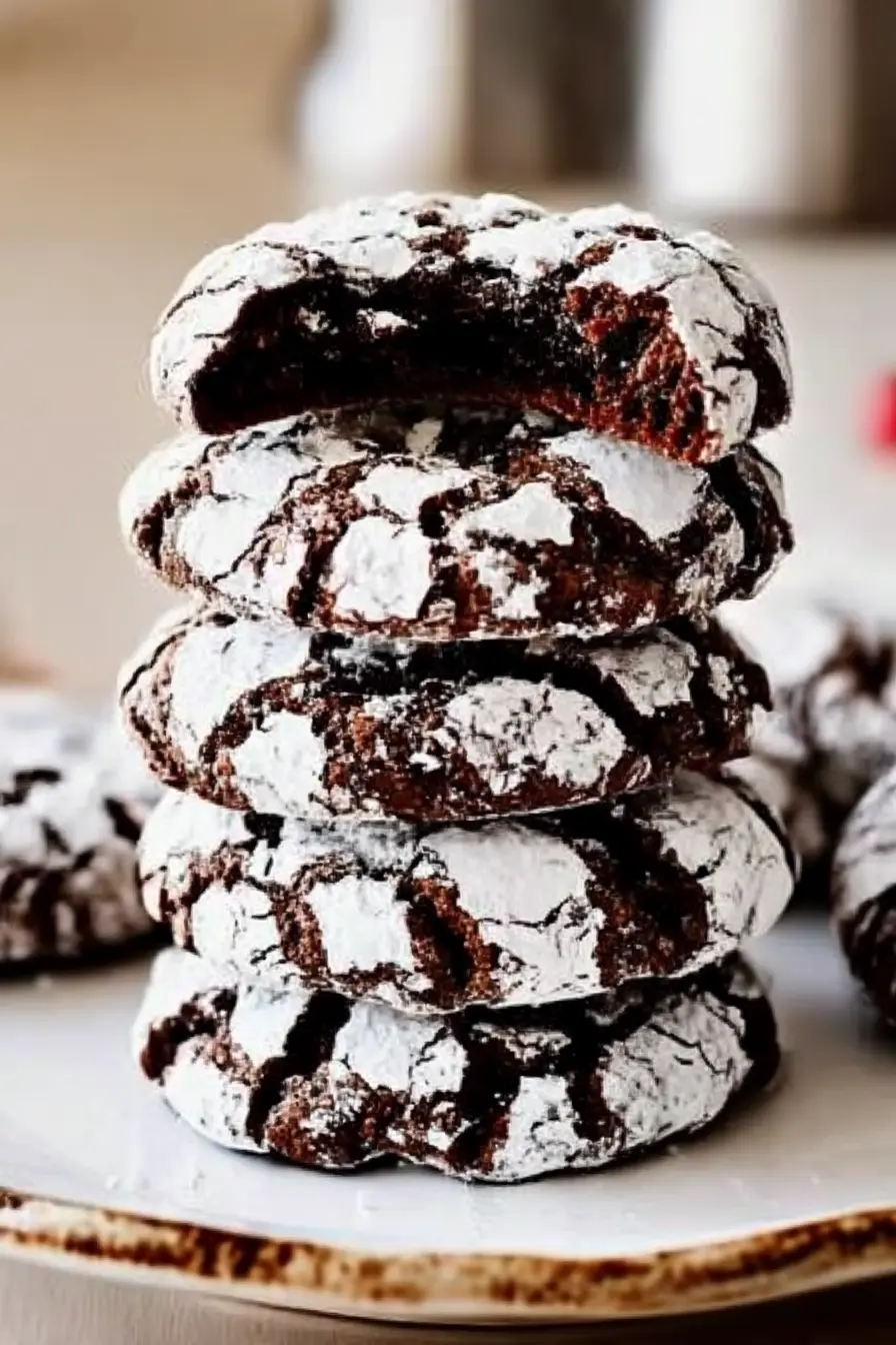 Stack of chocolate crinkle cookies with powdered sugar and fudgy brownie-like centers