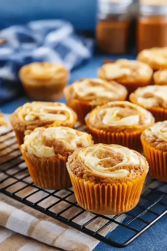 A batch of pumpkin cream cheese muffins with swirled tops cooling on a wire rack over a checkered linen.

