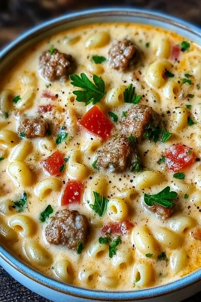 Full bowl of creamy parmesan Italian sausage ditalini soup with tomatoes and parsley

