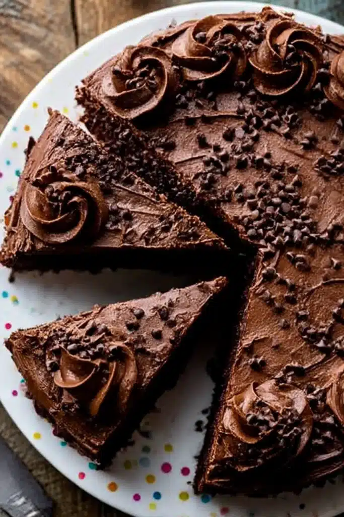 Chocolate Zucchini Cake: Moist, Rich & Easy to Bake 11 Top view of a whole chocolate zucchini cake with piped chocolate frosting, mini chocolate chips, and one slice removed, on a white plate.