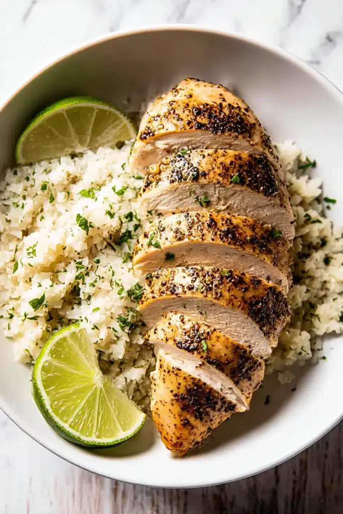 Juicy Baked Chicken Breast – Easy, Flavorful, and Perfect Every Time 7 Sliced garlic chicken breast served with cauliflower rice and lime wedge.