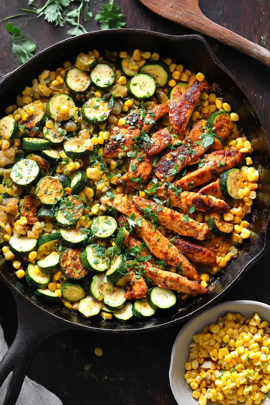 Garlic butter chicken with zucchini and corn in a cast iron skillet, served with fresh herbs on a dark rustic background